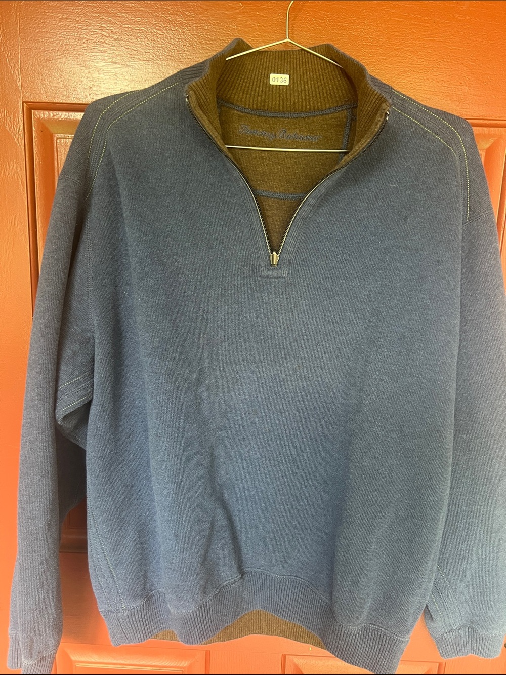 Tommy Bahama Men's Half-Zip Pullover Sweater - Navy with Brown Trim
